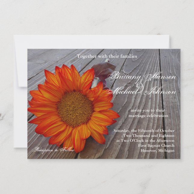 Convite para Casamento Rustic Orange Red Sunflower (Frente)