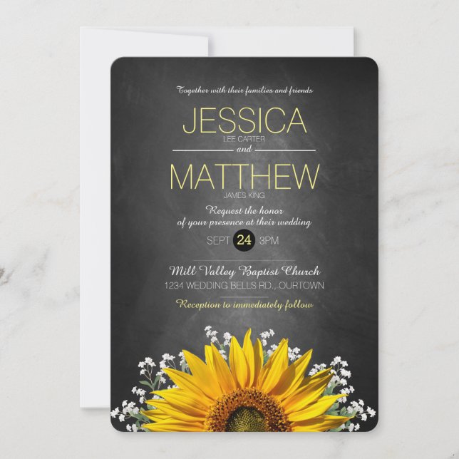 Convite para Casamento Rustic Sunflower Chalkboard (Frente)