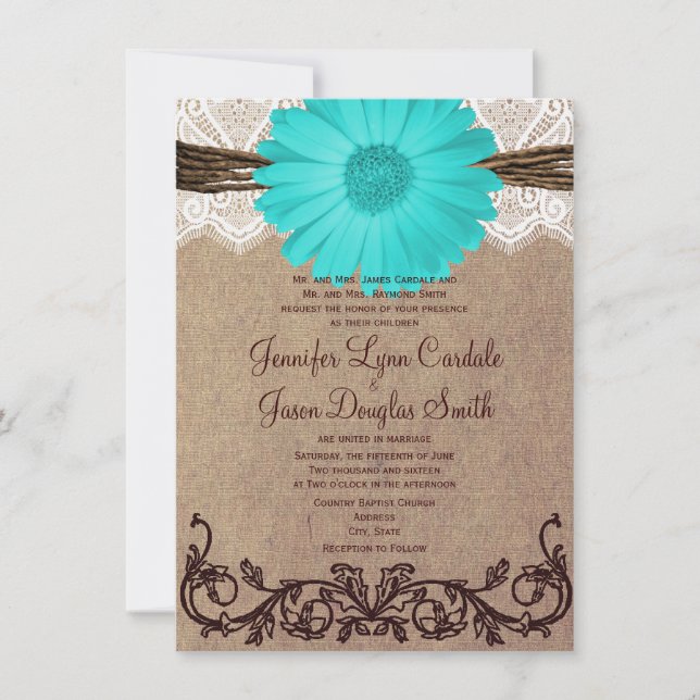 Convite para Casamento Rustic Teal Gerber Daisy La (Frente)