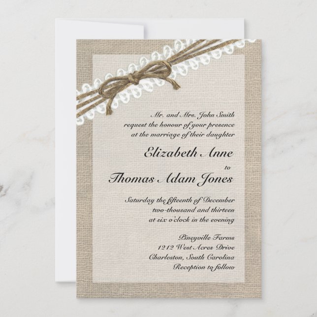 Convite para Casamento Rustic Twine and Lace Burla (Frente)