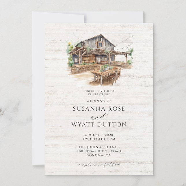 Convite para Casamento Rustic Watercolor Barn (Frente)