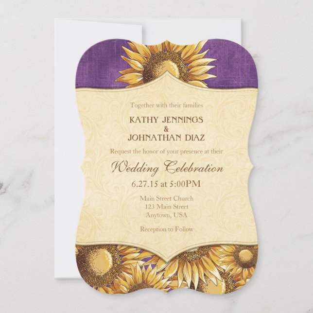 Convite para Casamento Rústico de Girassol Roxo (Frente)