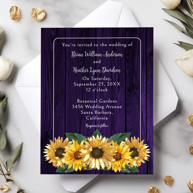 Convite para Casamento Rústico de Girassol Roxo (Purple Rustic Sunflower Wedding Invitation)