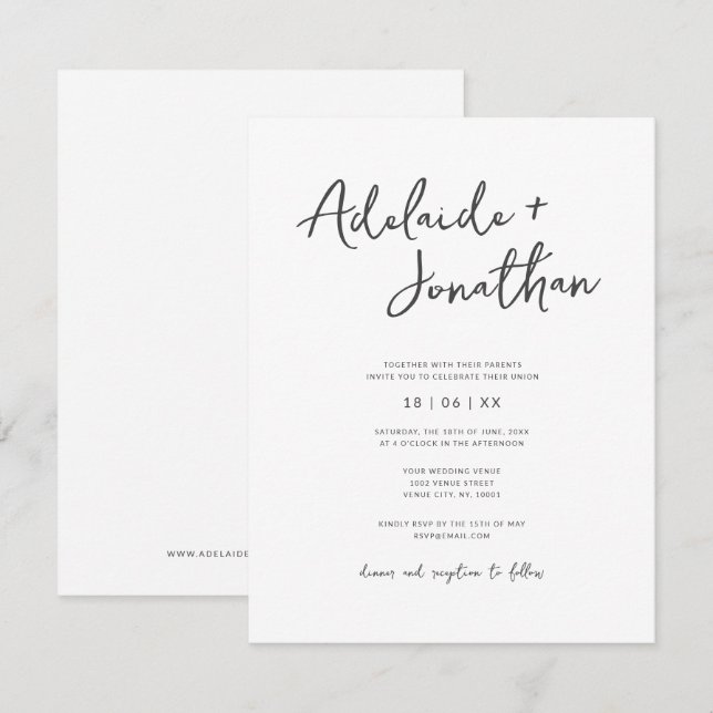 Convite para Casamento Simples de Script Moderno M (Frente/Verso)