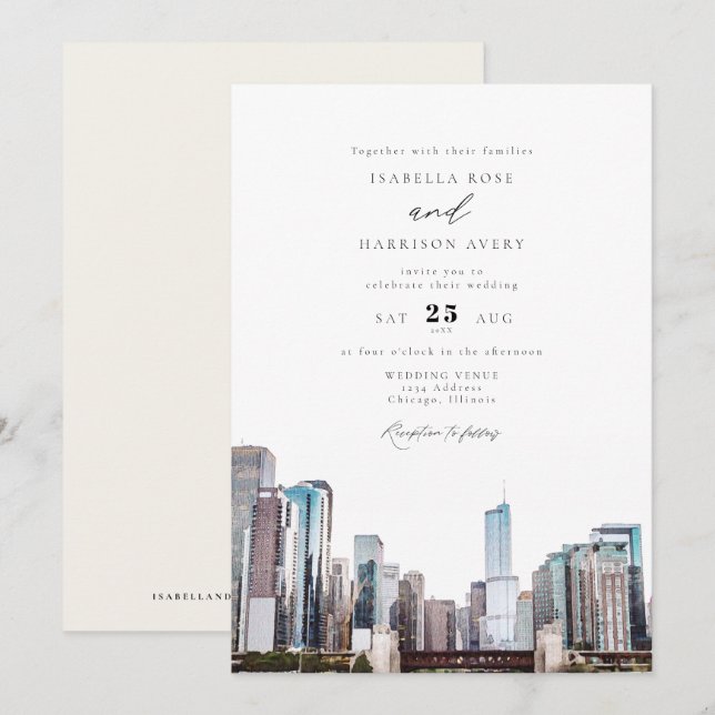 Convite para Casamento Skyline Chicago Watercolor (Frente/Verso)