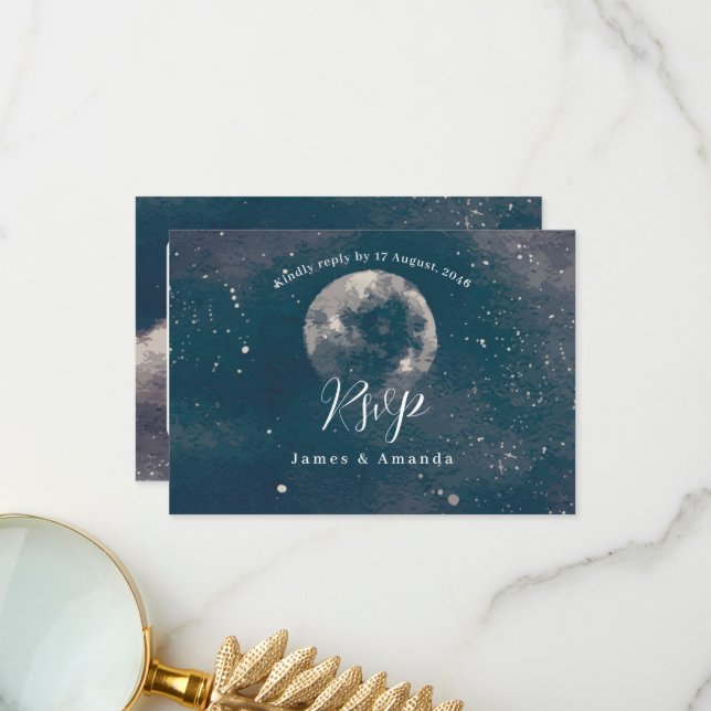 Convite para casamento Starry Night Moonlight rsvp (Frente/Verso In Situ)