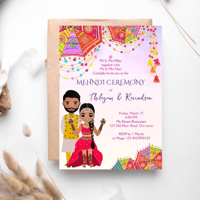 Convite para casamento Tamil da Índia Meridional (Mehndi South Indian Tamil template invitation instant download with a cute Tamil bridal couple)
