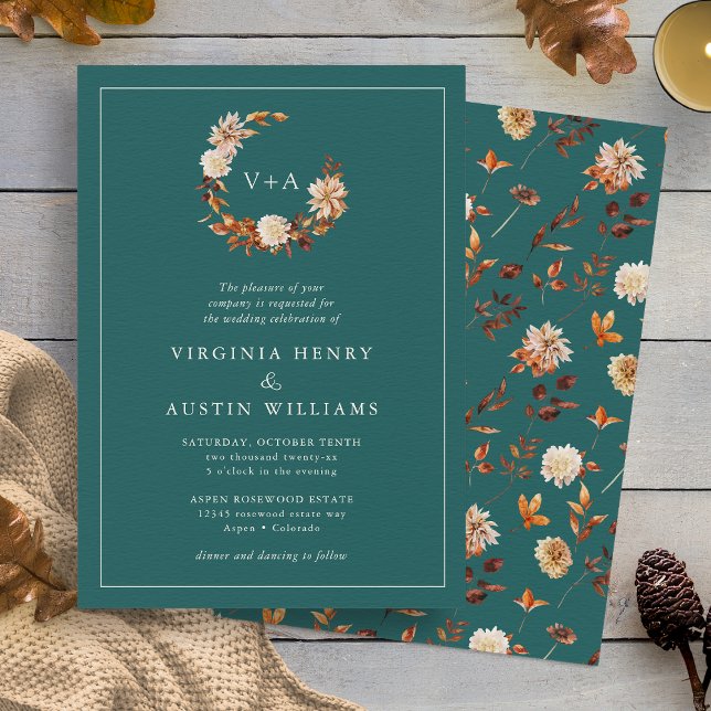Convite para Casamento Teal Monogrammed (Teal Fall Floral Wreath Monogrammed Wedding Invitation by Painted Paperie
)
