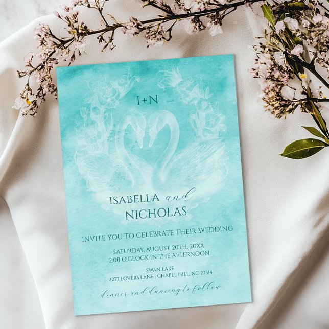 Convite para Casamento Teal Swan com Monograma (Teal Romantic Wedding Invite)