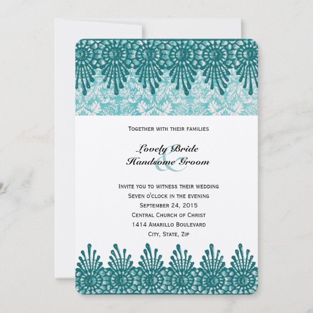 Convite para Casamento tema damasco Azul Boho (Frente)