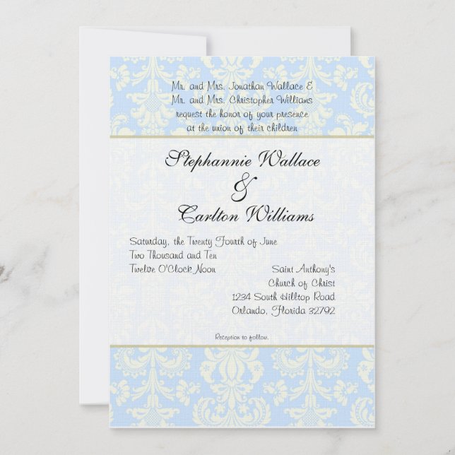 Convite para Casamento tema damasco Azul/Branco (Frente)