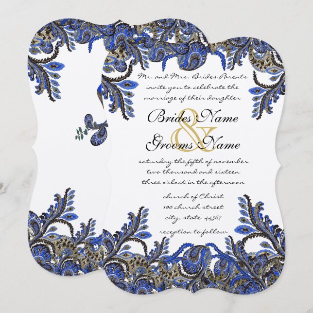 Convite para Casamento tema damasco azul e Dourado (Frente/Verso)