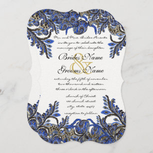 Convite para Casamento tema damasco azul e Dourado