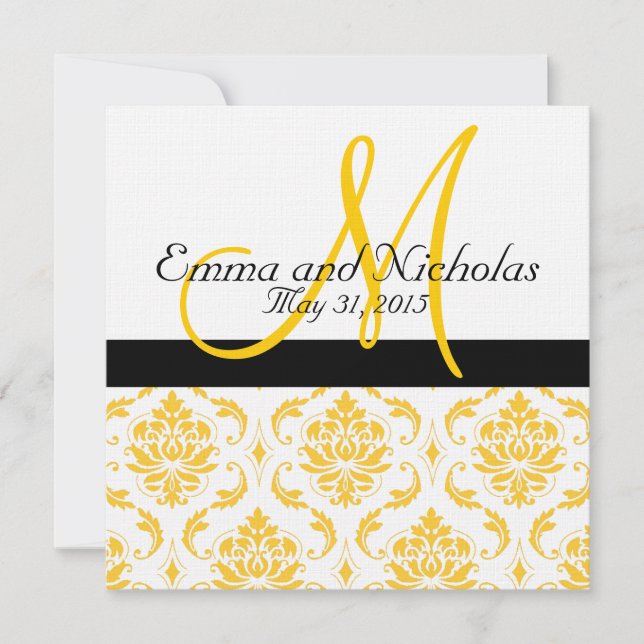 Convite para Casamento tema damasco Branco Amarelo (Frente)