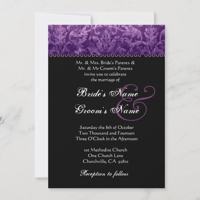 Convite para Casamento tema damasco Branco Preto R (Frente)