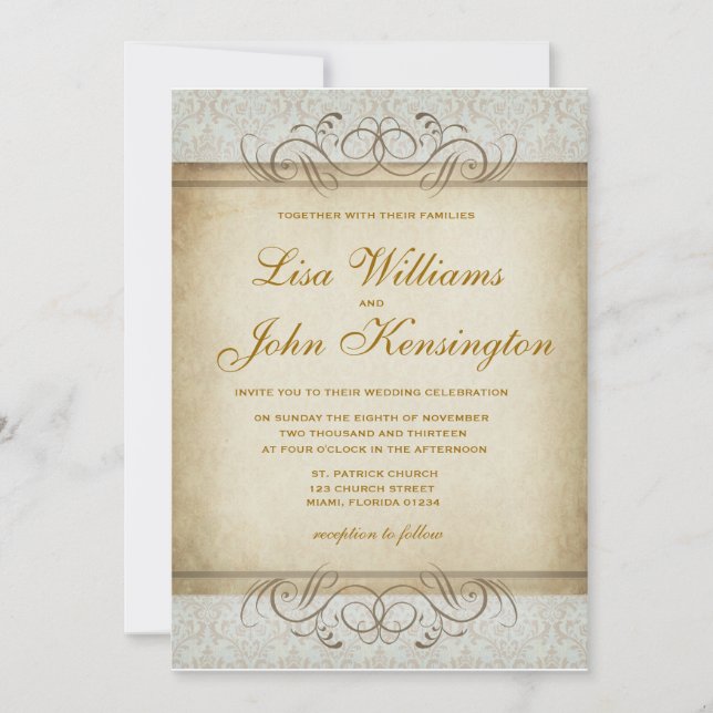 Convite para Casamento tema damasco Brownish Vinta (Frente)