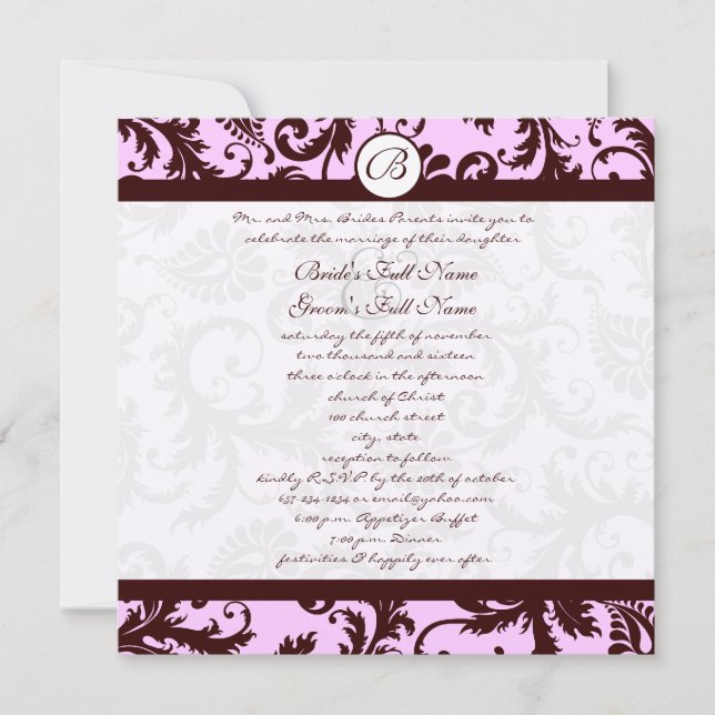 Convite para Casamento tema damasco cor-de-rosa ca (Frente)