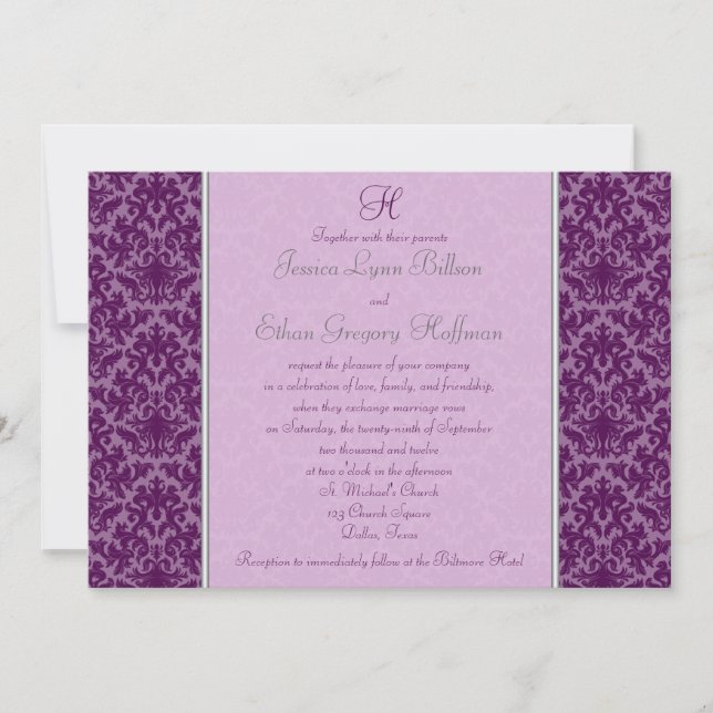 Convite para Casamento tema damasco de ameixa Mono (Frente)