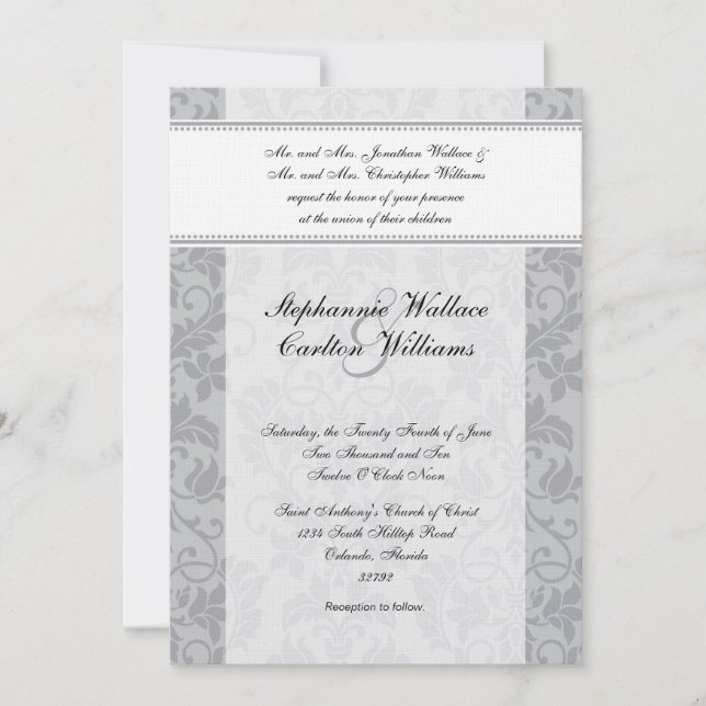 Convite para Casamento tema damasco de Cinza de du (Frente)