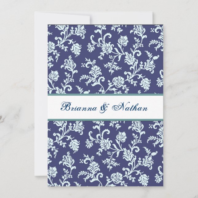 Convite para Casamento tema damasco de Flor Azul (Frente)