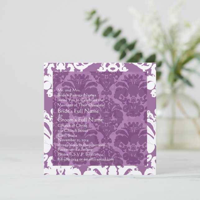 Convite para Casamento tema damasco de lavanda (Em pé/Frente)
