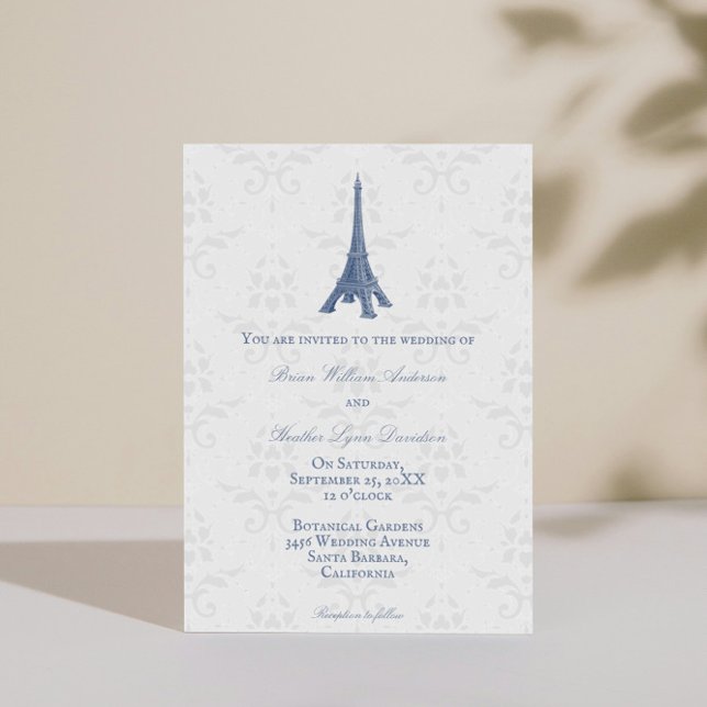 Convite para Casamento tema damasco de Torre Eiffe (Blue Eiffel Tower Damask Wedding Invitation)