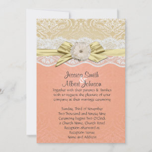 Convite para Casamento tema damasco Dourado/Coral