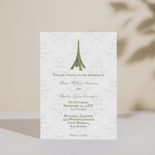 Convite para Casamento tema damasco em Torre Eiffe (Green Eiffel Tower Damask Wedding Invitation)