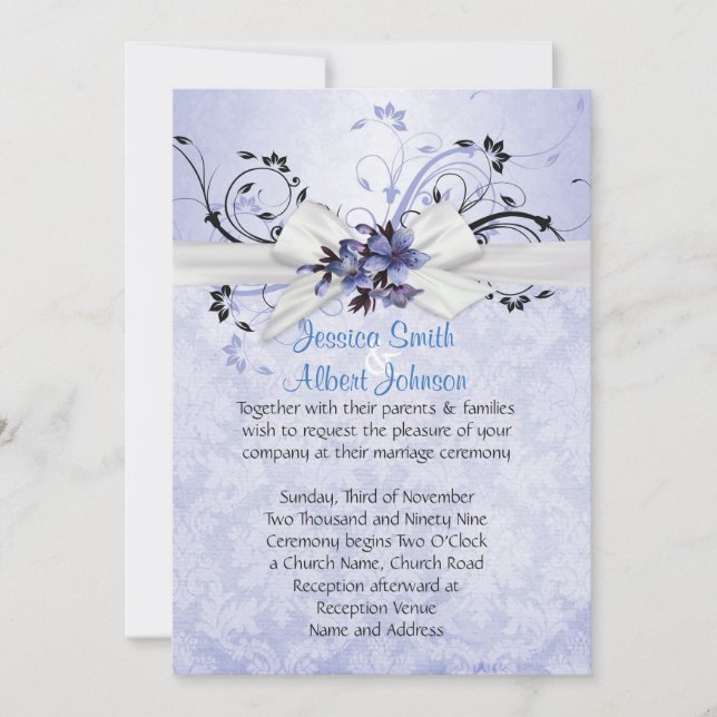 Convite para Casamento tema damasco Floral Azul El (Frente)