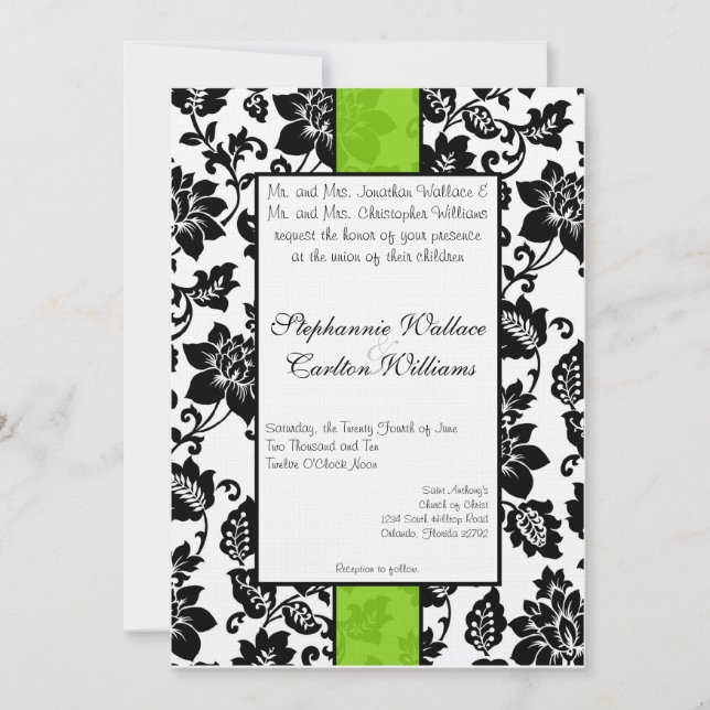 Convite para Casamento tema damasco Floral Preto/V (Frente)