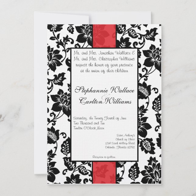 Convite para Casamento tema damasco Floral Preto/V (Frente)
