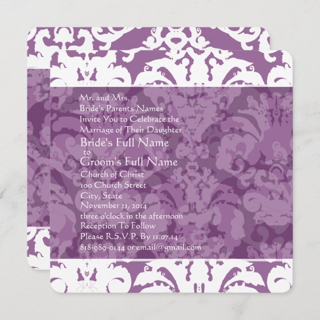 Convite para Casamento tema damasco Lilac lavanda (Frente/Verso)