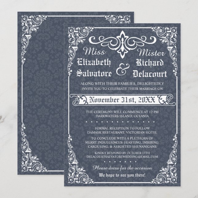 Convite para Casamento tema damasco Marinho Gótico (Frente/Verso)