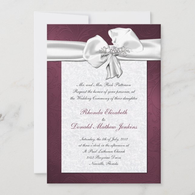 Convite para Casamento tema damasco Maroon (Frente)