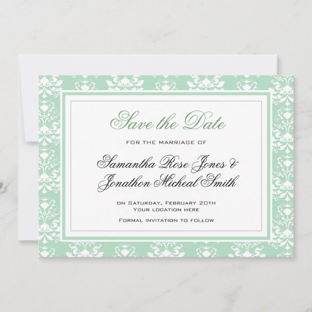 Convite para Casamento tema damasco Mint e White (Frente)