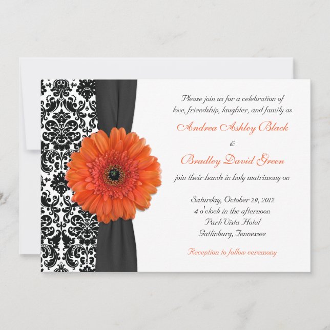 Convite para Casamento tema damasco Orange Gerbera (Frente)