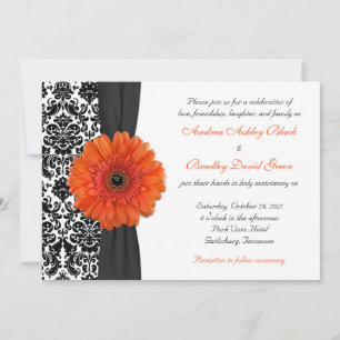 Convite para Casamento tema damasco Orange Gerbera