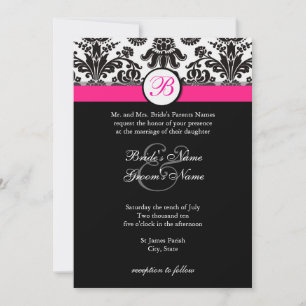 Convite para Casamento tema damasco Preto e Rosa Q