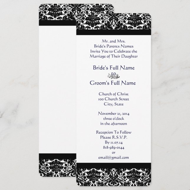 Convite para Casamento tema damasco Preto Elegante (Frente/Verso)
