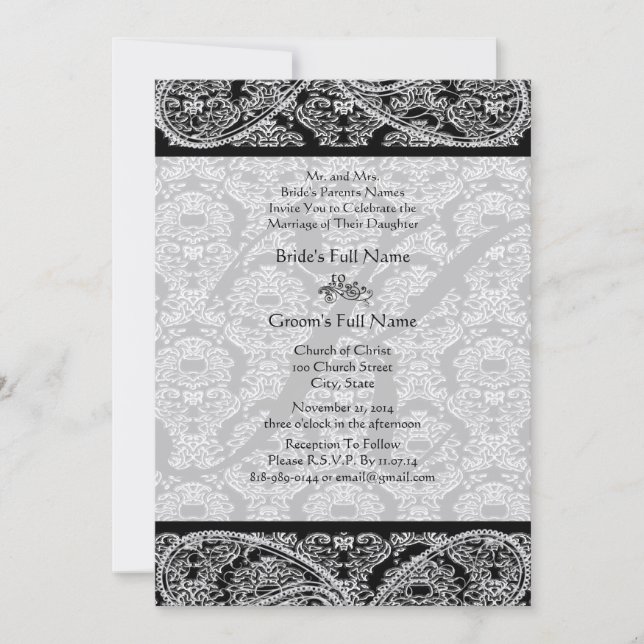 Convite para Casamento tema damasco preto monogram (Frente)