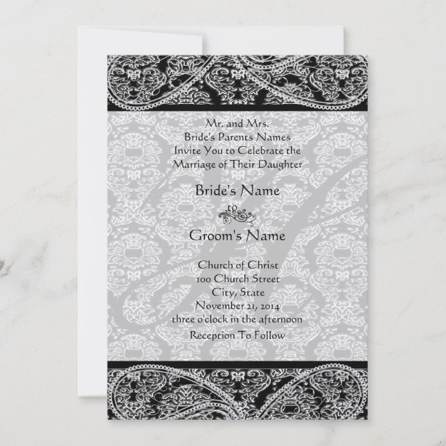 Convite para Casamento tema damasco preto monogram (Frente)