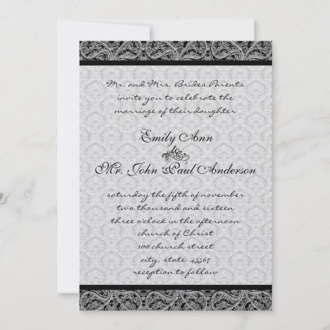 Convite para Casamento tema damasco Preto Vintage (Frente)