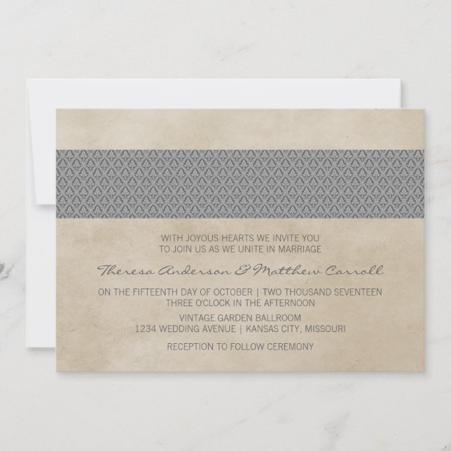 Convite para Casamento tema damasco Russo de cinza (Frente)