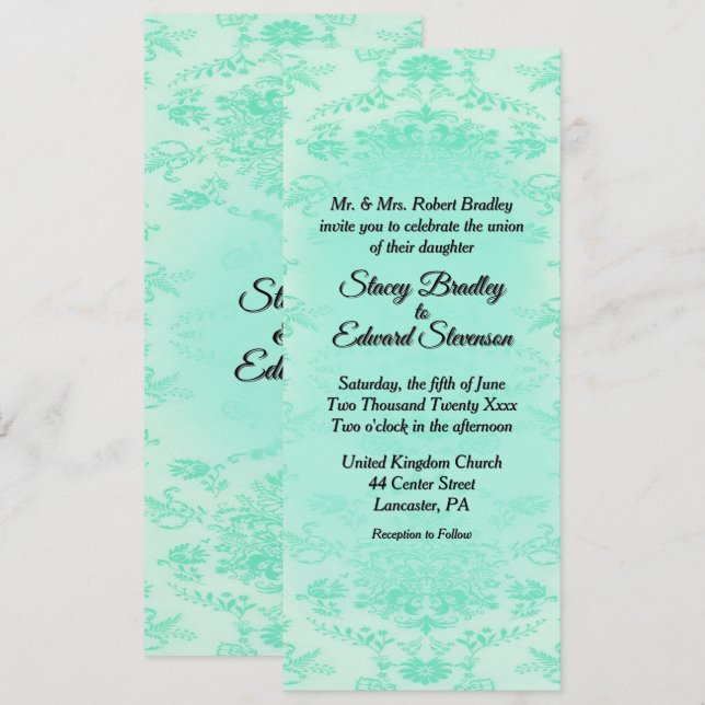 Convite para Casamento tema damasco Verde da Mint (Frente/Verso)