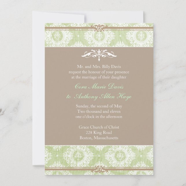 Convite para Casamento tema damasco Verde Vitória (Frente)