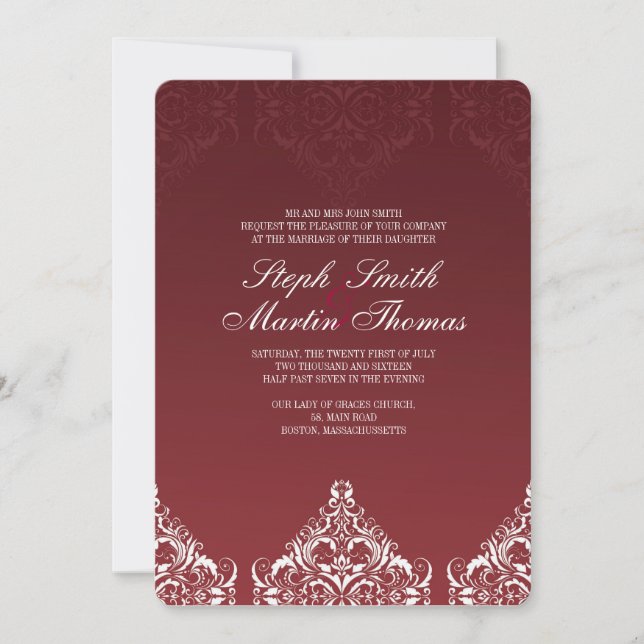 Convite para Casamento tema damasco Vermelho (Frente)