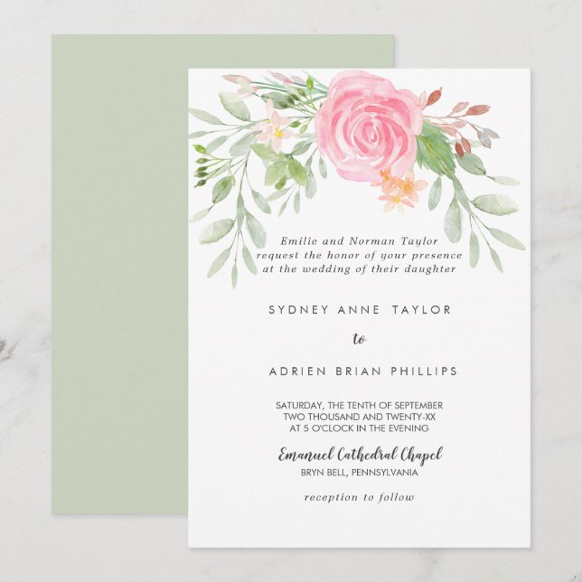 Convite para Casamento Tradicional de Peony primav (Frente/Verso)