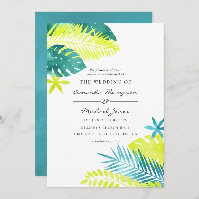 Convite para Casamento Tropical de Teal e Lemon (Frente/Verso)