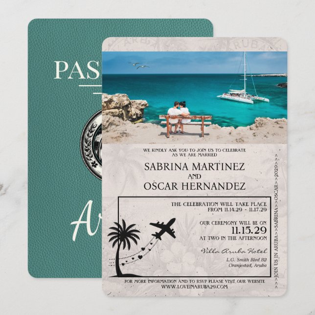 Convite Para Casamento Turquoise Aruba Passaporte (Frente/Verso)