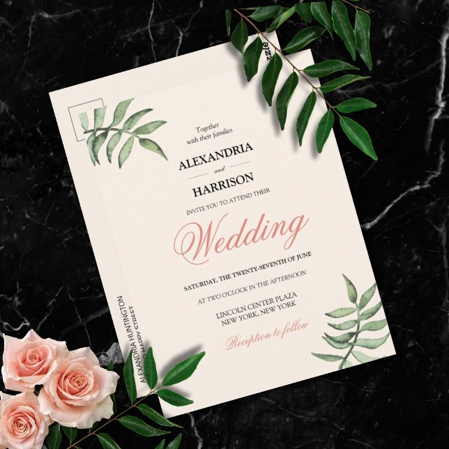 Convite para Casamento Verde de Coral Botânico Mod (Modern Soft Peach Botanical Wedding Invitation Postcard)